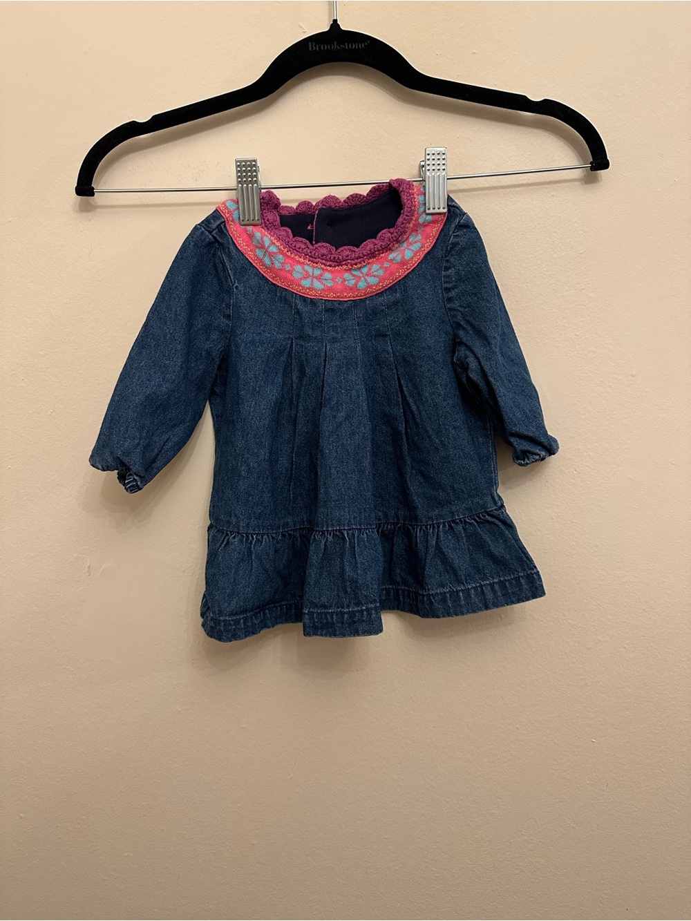Hanna Andersson Baby Girls 60 cm Denim Dress Embroidered Fair Isle Collar Ruffle